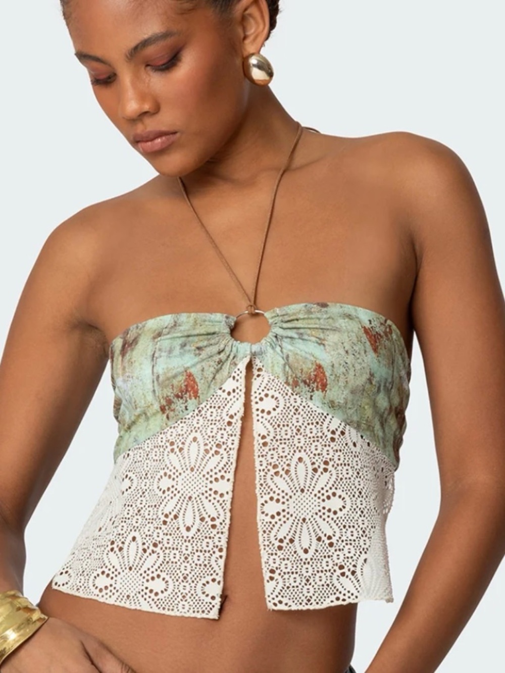 Edikted Green Rust & White Crochet Strapless Crop Top